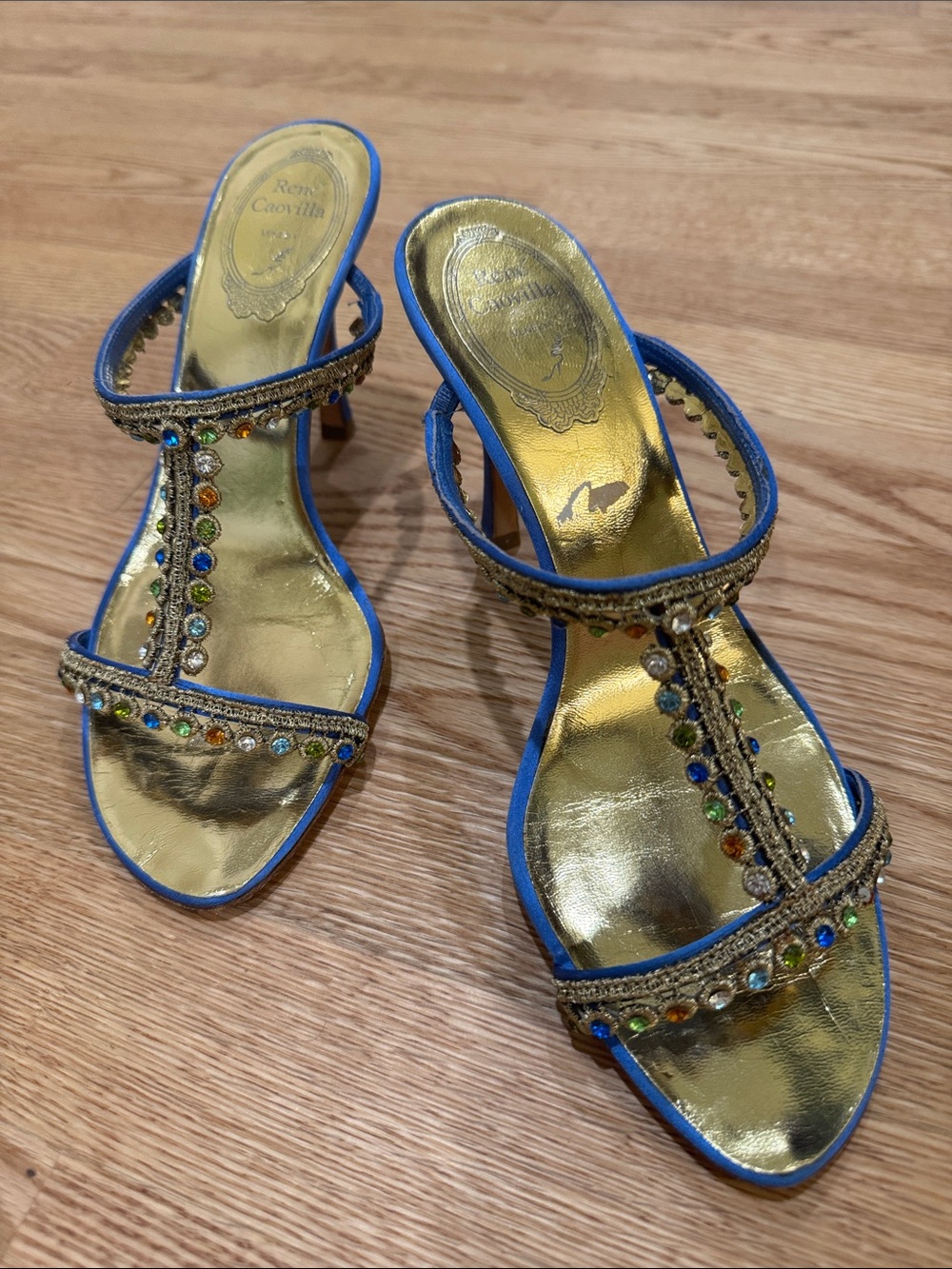 Rene Caovilla Blue and Gold Jeweled Strappy Mules